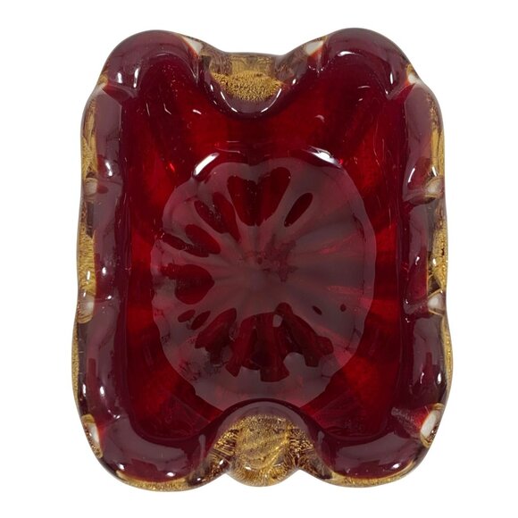 Vintage Deep Red Gold Flecks Inlay Art Glass Mid Century Bowl Trinket Dish - Picture 3 of 13